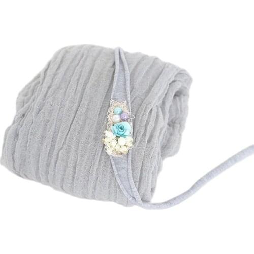90x180cm Grey Newobrn Cheesecloth Wrap Flower Tieback Set Baby Stretch Gauze Cotton Swaddle Wrap Headband Photography Props