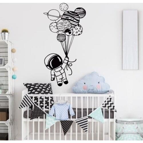 Astronaut Holding Balloons Wall Decal Space Vinyl Sticker Custom Name Wall Decal For Nursery Kids Bedroom Decor NR70