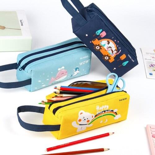Large Capacity Pencil Case Double Zipper Canvas Pencil Bag for School Supplies Kawaii Stationary