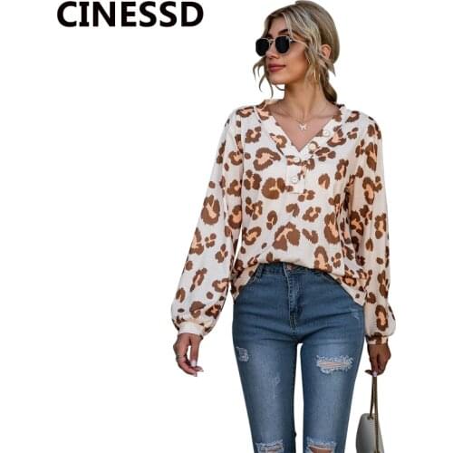 CINESSD Women Sexy V Neck Print Blouses Pink Long Sleeves Button Pullover Tops Casual Tee Spring Summer Office Lady Blue Blouse
