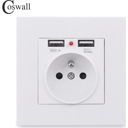 COSWALL Wall Socket Grounded Children Protective Door, French Standard Outlet With 2.1A Dual USB Charging Black White PC Panel