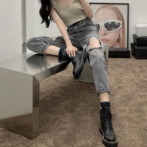 Smoke-gray ripped jeans womens loose pants show slim high waist straight pants