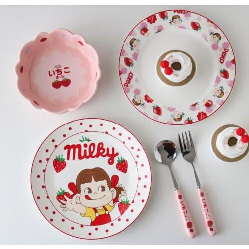 Strawberry Milk Sister 8-inch Ceramic Plate/Pink Petal Small Bowl/Fork Spoon