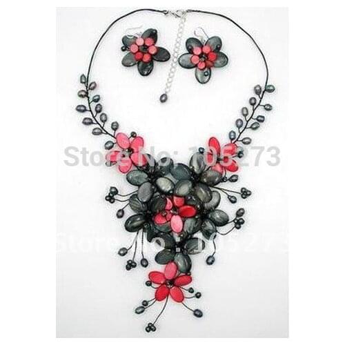 Red & Dark Gray Mother Of Pearl Shell Freshwater Pearl Flower Necklace & Earring Set 18'' Fashion Jewelry Free Shipping FN2197