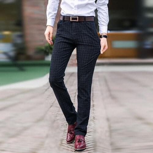 Men Suit Pant Smart Casual Business Autumn Winter Plaid Check Pocket Long Slim Trousers Office Dress Pants