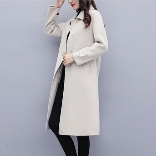 NEW Elegant Solid Long Wool Blend Ladies Coat Slim Women Jacket Turn-down Collar Korean Womens Fashion Woolen Coat Outerwear 202