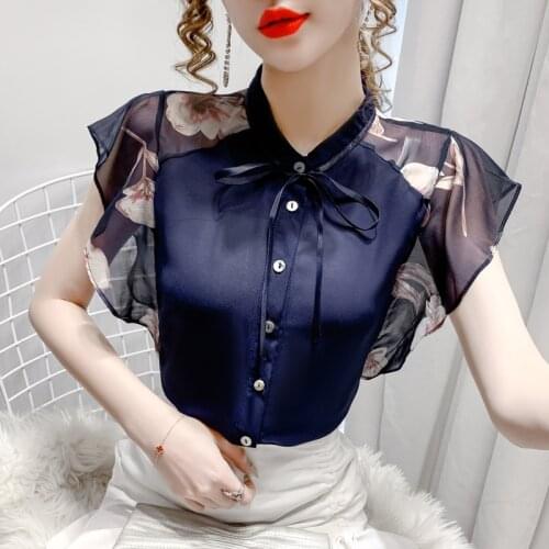 Single-breasted Chiffon shirt Womens Butterfly Short-sleeve Summer blouse New Casual Ruffle Printed Tops Blusa