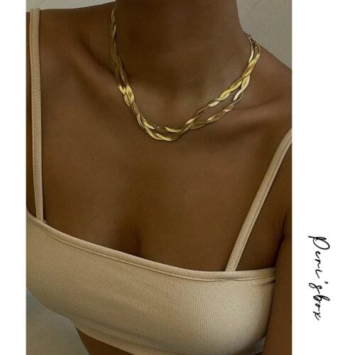 PerisBox trendy double snake chain necklace for women stainless steel gold color twisted herringbone chains choker collar