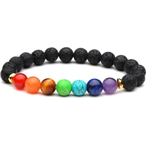 Rainbow Chakras Stone Charms 8mm Black Lava Beads DIY Aromatherapy Essential Oil Diffuser Bracelet Strand Stretch Yoga Jewelry