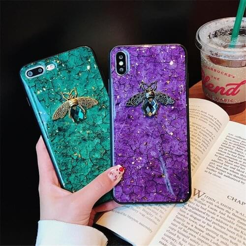 Luxury Glitter Green Diamond Crack Marble Phone Case For iphone 8 7 Plus 6 S 6s Bling Bee With Wing Cover for iphone XS MAX XR X