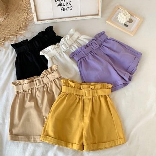 Elegant High Waist Shorts Women 2021 New Summer Casual Solid Wide Leg Loose Cotton Short Pants With Belt Korean Sweet Girls