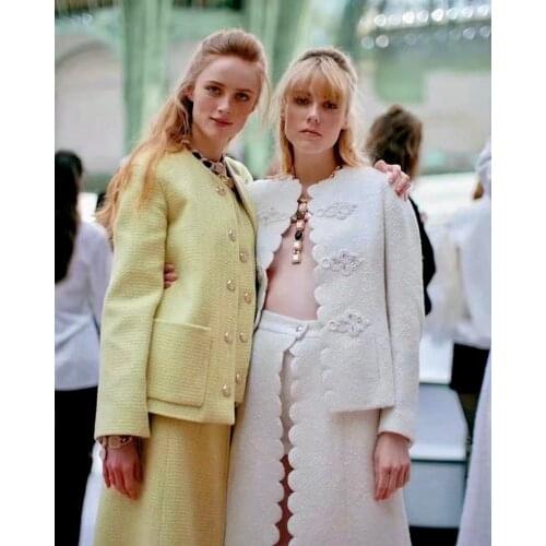 Light Yellow Double Breasted Military Tweed Cropped Jacket Gold Embossed Button Metallic Jacquard Tailored Wool-Blend Outerwear