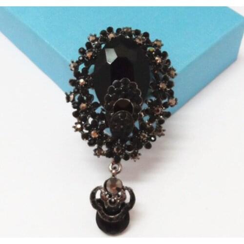 4PCS/LOT 3.2" Length Black Color Big Glass Crystal Women Costume Vintage Silver Brooch