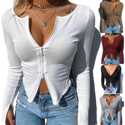 Women T-shirt Spring Autumn Clothes Ribbed Knitted Long Sleeve Crop Tops Zipper Design Tee Sexy Female Slim Black White Tops