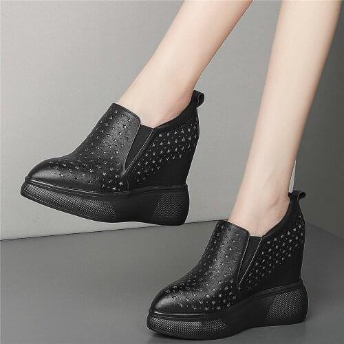 12cm High Heel Fashion Sneakers Women Hollow Genuine Leather Wedges Ankle Boots Female Pointed Toe Creepers Summer Casual Shoes