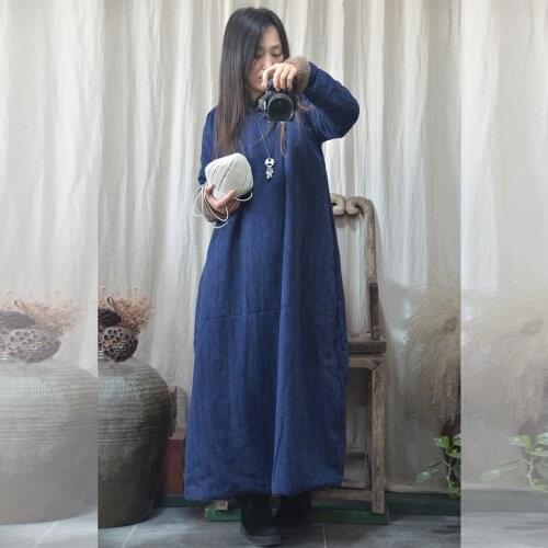 Women Winter Thick Fleeced Dress Ladies Cotton Linen Cashmere Chinese Style Dress Solid Color Dress Retro Vintage Robe Dresses