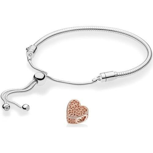 2019 NEW 100% 925 Sterling Silver New ROSE OPENWORK CHARM Bead with Romance Sliding Armband MOMENTS SLIDING BRACELE Set