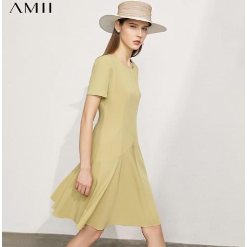 Amii Minimalism Temperament Dress For Women Offical Lady Solid Oneck Pleated Womens Chiffon Dress Causal Womens Dress 12160031