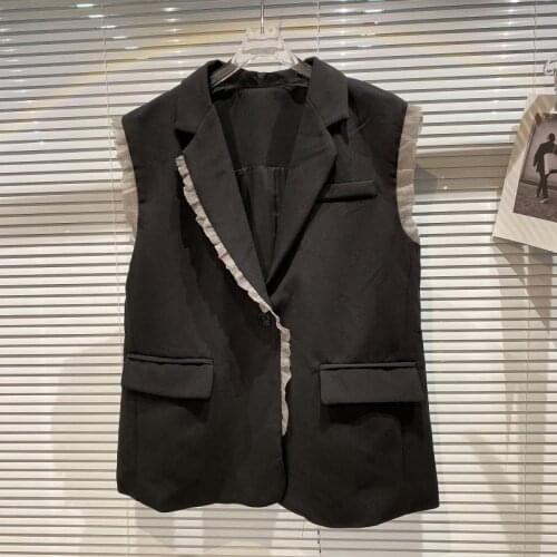 Elegant Women Black Suit Vest with Small Edge Ruffles Office Lady Sleeveless Vest Top