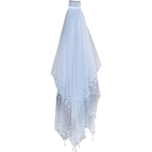 Bridal Veil 2 Layers White Tulle Long Beads Floral Edge With Comb Wedding Accessories W0YA