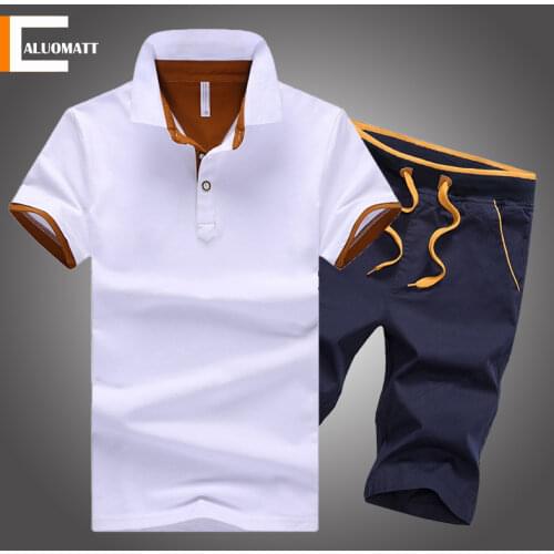 Fashion Color Matching Mens Sports Set 2021 Summer Short-sleeve Lapel POLO Shirts+Beach Shorts Suit Men Casual Male Tracksuit