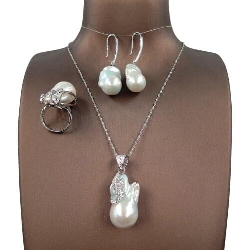 Baroque pearl set,925 SILVER jewelry set with necklace,ring,earring,100% NATURE FRESHWATER PEARL -20-32 mm big baroque pearl