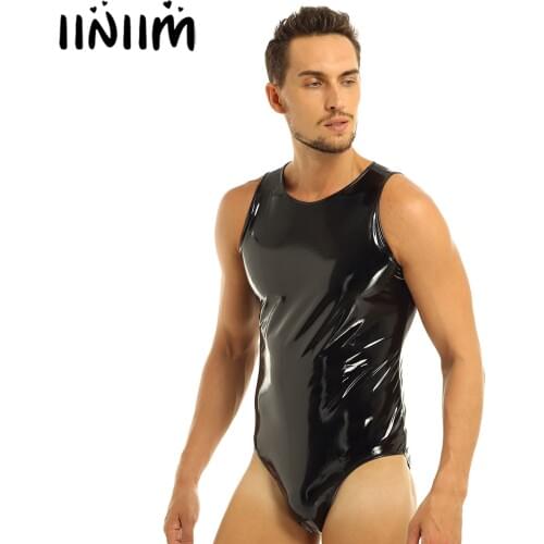 Hot Latex Catsuit Men Babydoll Body Lingerie Wetlook PVC Leather Thong Bodysuit Zipper Back Overall Jumpsuit Homme Sexy Clubwear