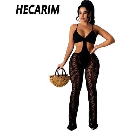 HECARIM See Through Crochet Knitted Beach Jumpsuit Women Sexy Hollow Out Swimwear Cover Up Summer Spaghetti Strap Lace Jumpsuit
