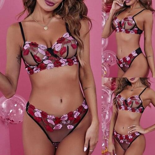 Sexy Lingerie set Hot Exotic Lingerie Lace Embroidery Bra G-String Thong Underwear See-through Steel Ring Sling Underwear Mujer