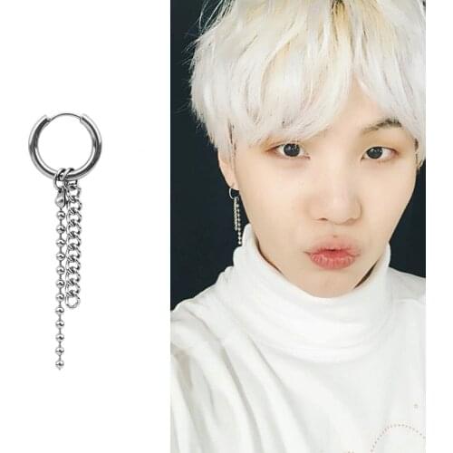 Korean Boys Punk Earrings Long Chain Pendant Women Men Stainless Steel Ear Clip Stud Earring Hipster Grunge Accessory Unisex