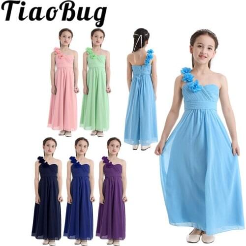 Girls Teenage Chiffon One-shoulder Flower Girl Dress Princess Pageant Wedding Birthday Party First Communion Gowns Tulle Dress