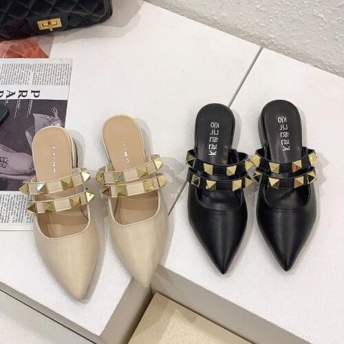 Rivet Strap Pointed Toe Flat Shoes Women Mule Slippers Rocker Style Slip On Comfy Slide Luxury Brand Design Spring Footwear