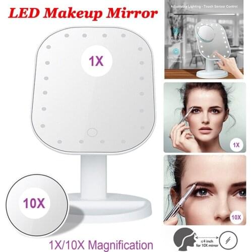 LED Lighted Makeup Vanity Mirror Touch Screen Cosmetic Mirror 10X Magnifying Multifunction Desktop Beauty Mirror