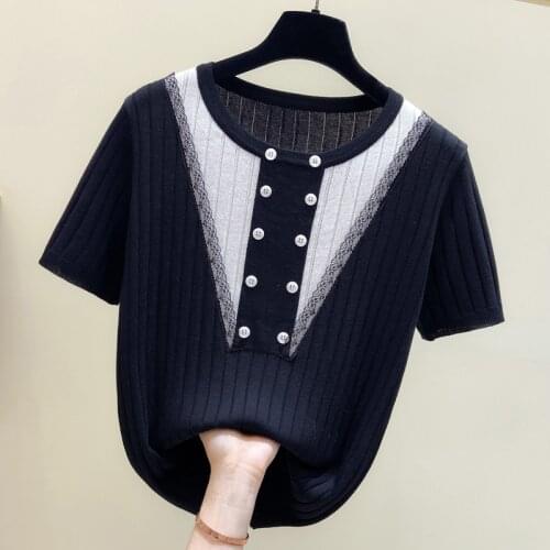 Knitted Jumper Summer Tops O-Neck Pullovers Casual Sweaters Women Lace Button Short sleeve Oversized Sweater Girls 2021