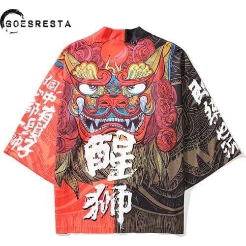 Japanese Kanji Lion Printed Kimono Women Harajuku Hip Hop Fashion Casual Streetwear Jacket Summer Loose Cardigan Kimono Men