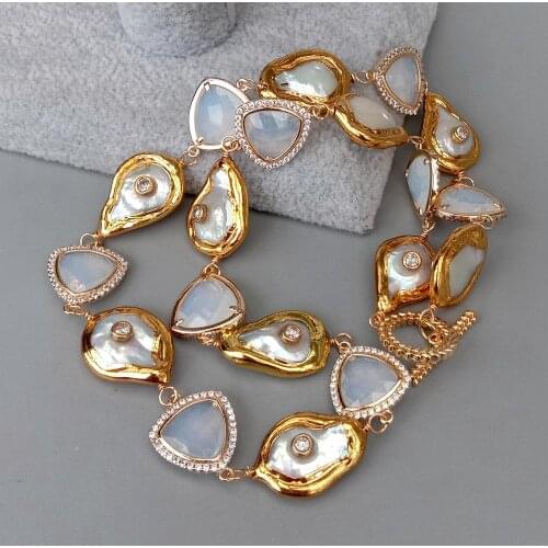 YYGEM Cultured White Teardrop Keshi Pearl Triangle White Crystal Cz Necklace 19"