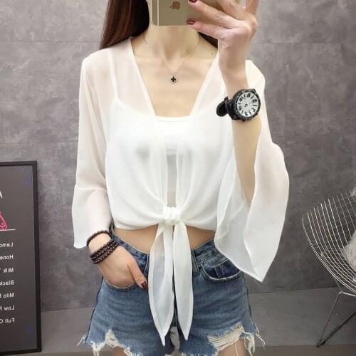 Women Beach Wear Summer Short Chiffon Shirt Kimono Cardigan White Black Casual Cardigan Ladies Tops Blouse Shirts Plus Size 2021