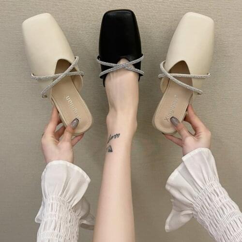 Net celebrity square head slippers female 2021 spring and autumn new Korean style simple retro fashion outer wear half drag