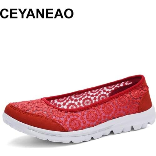 CEYANEAOWomen Elegant Handmade Lace Shoes Hollow Breathable AirMesh Embroidered Flat Shoes Comfortable Zapatos Planos Mujer1354
