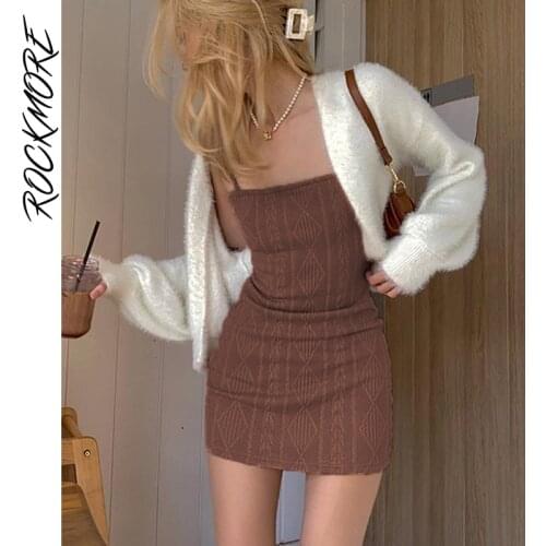 Rockmore Y2K Knitted Mini Dress Women Bodycon Party Short Dresses Ladies Sexy Spaghetti Strap Cami Sundress Summer Streetwear
