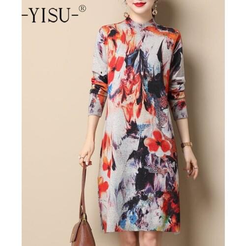 YISU Winter Women Dresses Turtleneck Flowers Printing Knitted pullover Dress Long sleeve Warm Casual Female Thick Jumper Dresse
