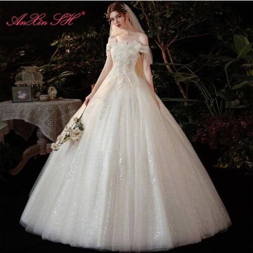 AnXin SH princess champagne flower lace sparkly vintage party beading crystal pearls dubai boat neck bride white wedding dress