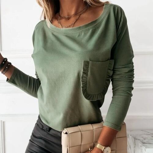 Women Basic Blouse 2020 New Fashion Casual O-neck Long Sleeve Ruffle Pocket Tops Lady Elegant Simple Loose Elastic Shirt Autumn