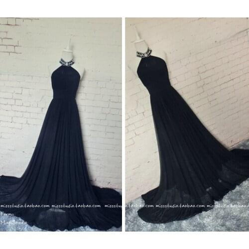 Black chiffon long prom dresses robe de soiree 2015 new style sexy halter crystal party gown evening dress vestido de festa