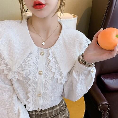 Harajuku Shirts Long Sleeve Ruffle collar Lace Blusas Female Elegant Blouse Shirt Womens 2021 Spring New White Women Tops 102A