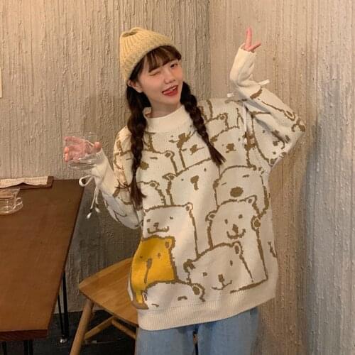 Korean Autumn Winter Women Sweater O-Neck Kawaii Cartoon Bear Knitting Pullovers Vintage Bandage Bow Design Full Sleeve Sweater