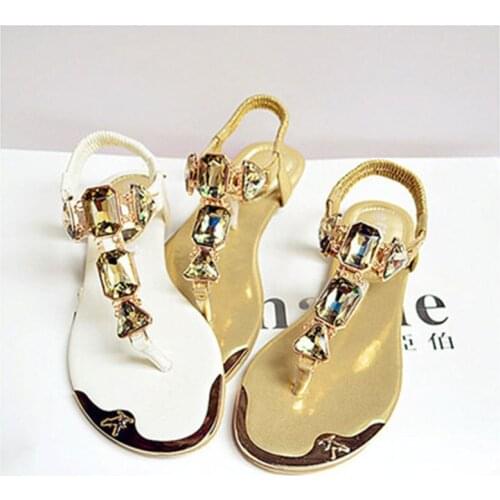 Miaoguan Summer Woman Sandals 2021 Rhinestone Womens Shoes Flip Flops Ladies Casual Summer Beach Shoes Women Flats Sandals Gold