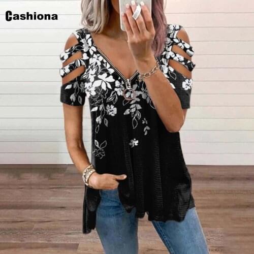 Fashion Zipper T shirts Women Hollow Out Sleeve Tops Streetwear Flower Print Tees Shirts Plus Size 4xl 5xl Female Casual Shirts