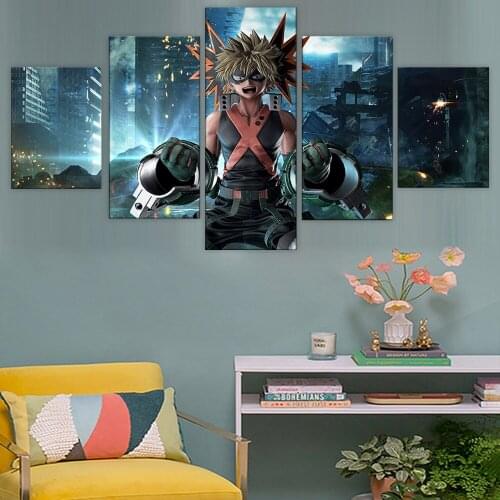 Home Decor Modular Canvas Picture 5 Piece My Hero Academia Bakugou Katsuki Anime Painting Poster Canvas Painting Wholesale