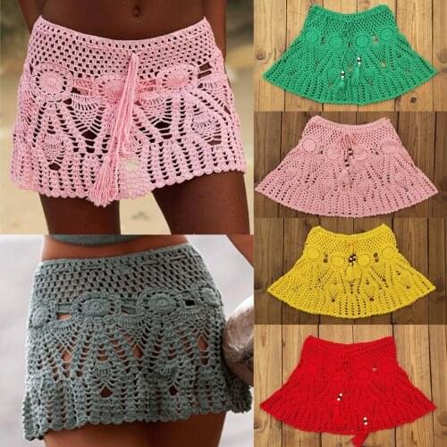2021 New Colorful Solid Handmade Crochet Skirt Women Summer Beach Bikini Swim Bathing Suit Cover Up Beachwear Swimsuit Tankini